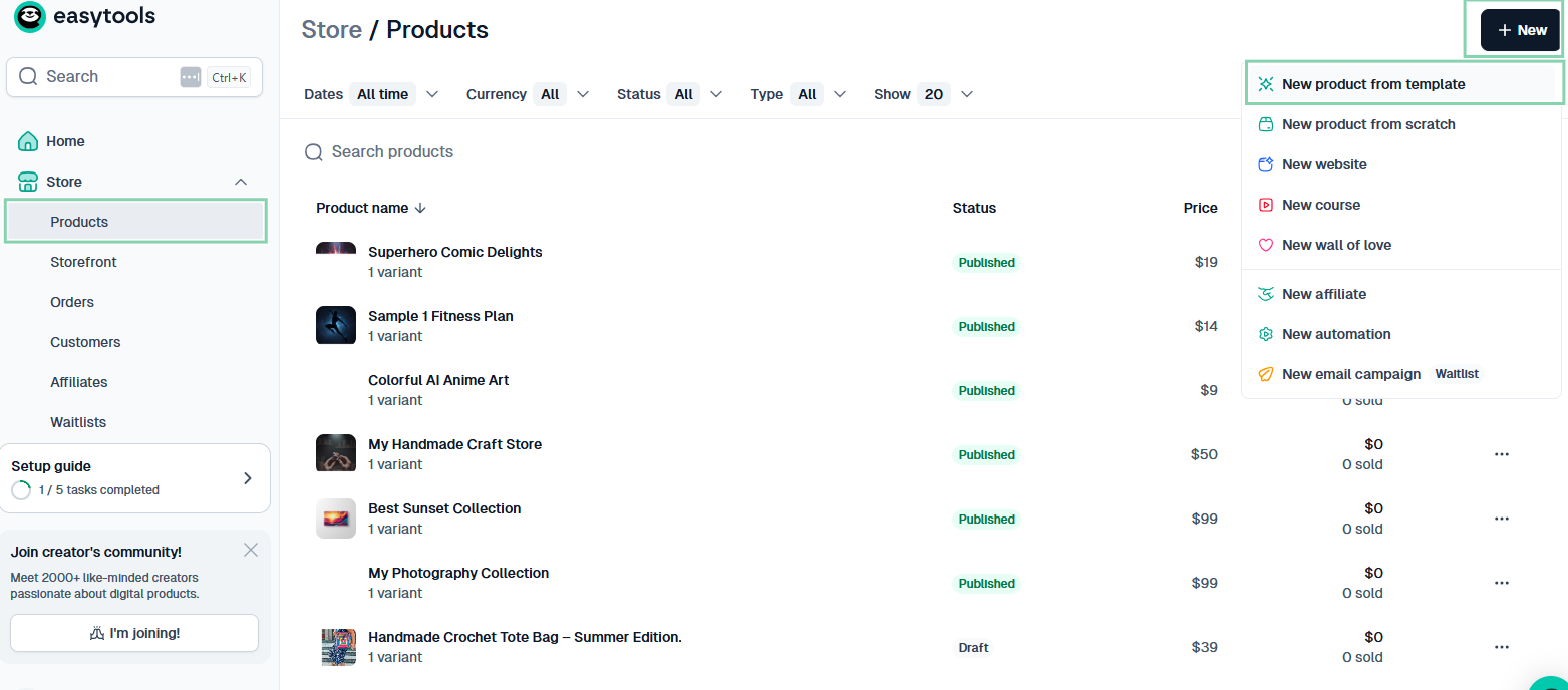 products dashboard with new template option