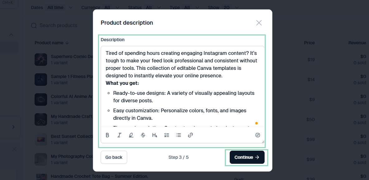 product description box - sell canva templates
