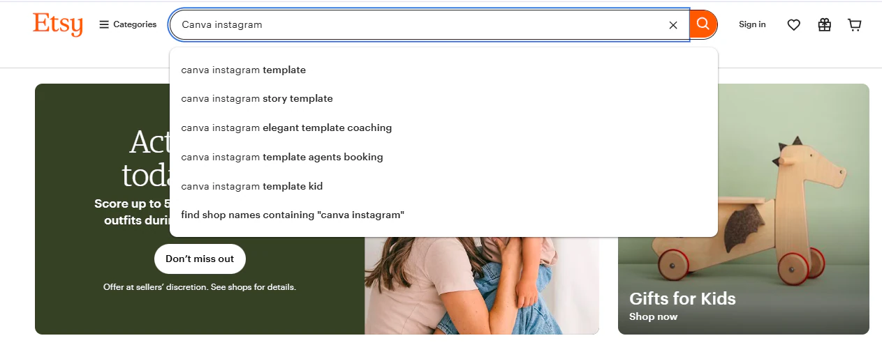 etsy search suggestions for canva instagram