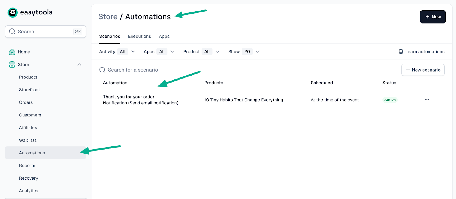 automations page with order notification