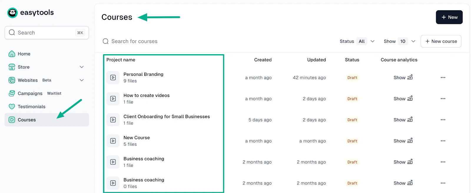 course list view - create your online course