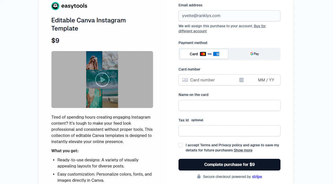 checkout page for canva template purchase