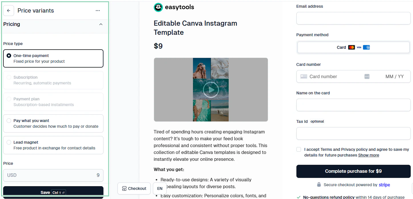 checkout preview with pricing settings