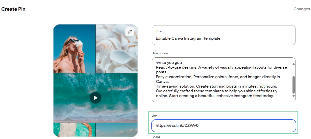 pinterest pin setup with template preview