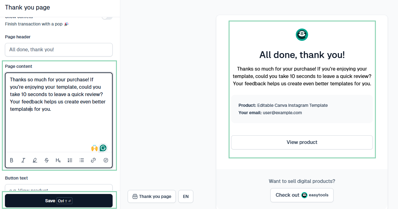 thank you page setup review request in easytools