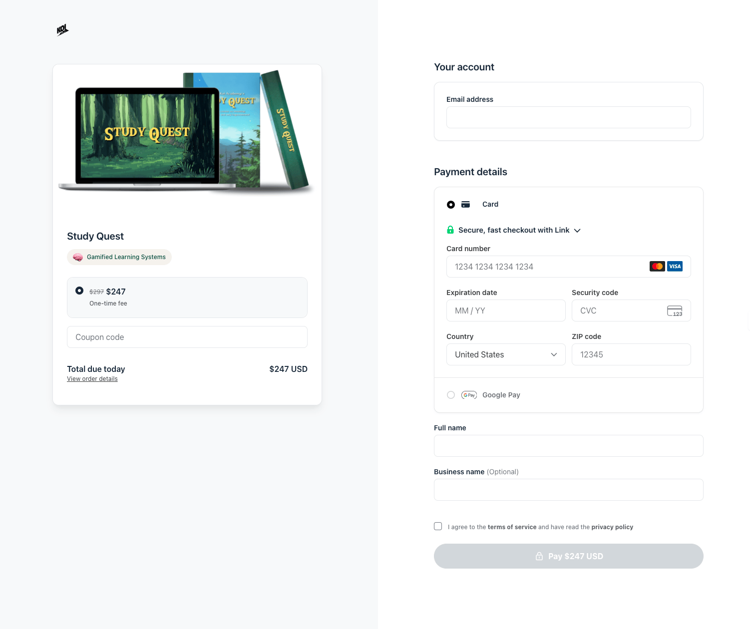 Lesson 3: This is the checkout for their popular Study Quest course with pretty clean UI and minimal fields, but…