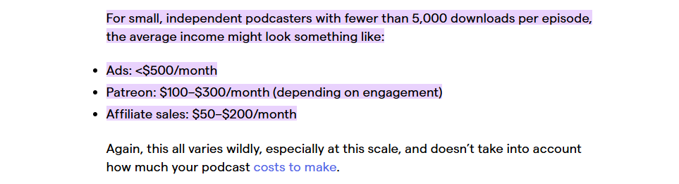 répartition des revenus des petits podcasts