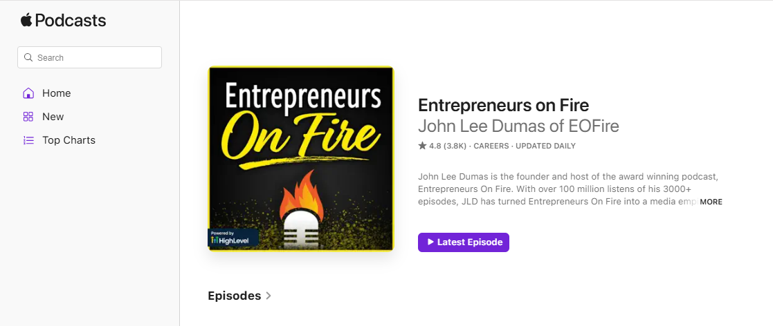 page du podcast entrepreneurs on fire