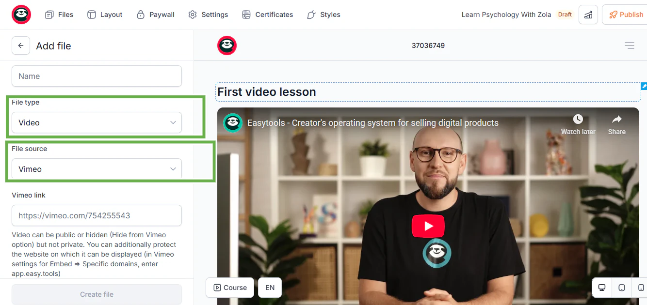 loisirs rentables - configuration du fichier vidéo avec vimeo sélectionné