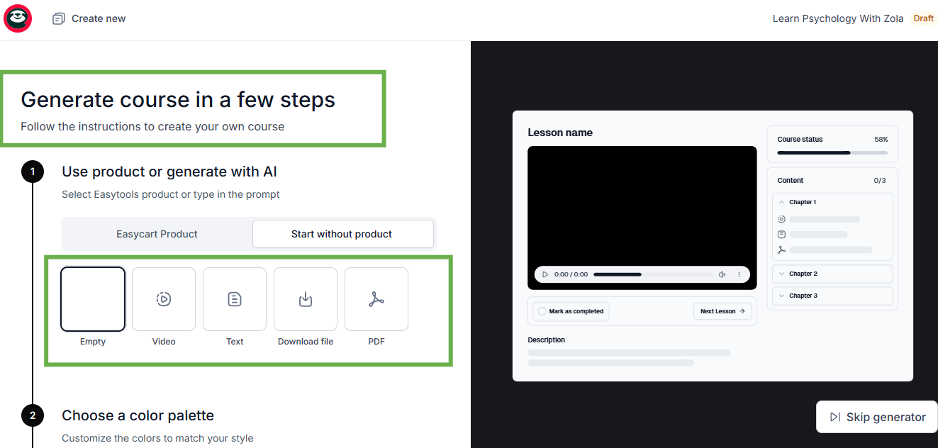 interface de création de formation avec les options de fichiers