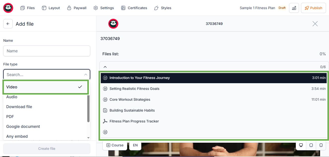 liste de fichiers vidéo dans la configuration d'une formation Easytools
