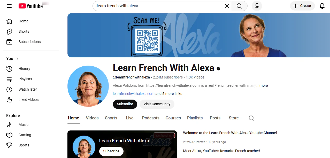 bannière de chaîne pour des cours de français