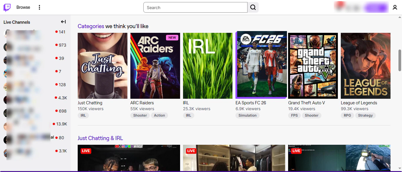 page des catégories twitch avec les vignettes de jeux