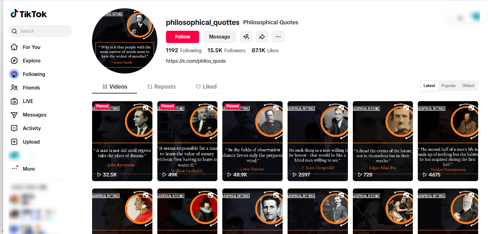 loisirs rentables - page tiktok avec des vidéos de citations