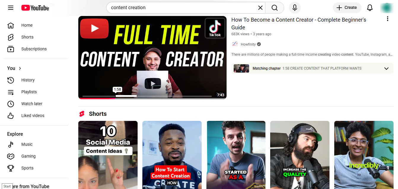 page youtube avec des vidéos sur la création de contenu