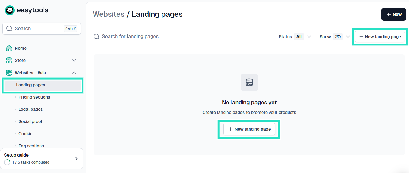 Easytools: la section websites avec le bouton "+New Landing Page"