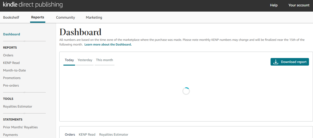 le tableau de bord des rapports d'une grande plateforme pour vendre des ebooks