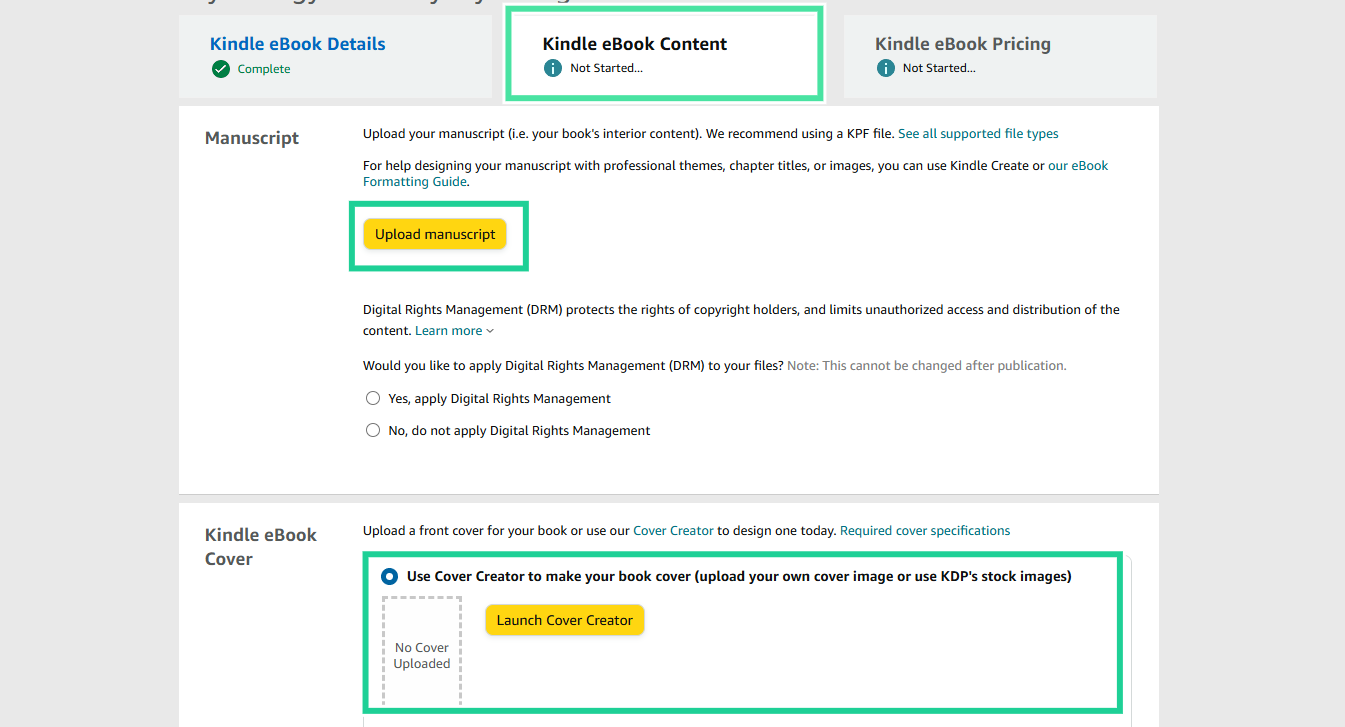 importer le manuscrit et la couverture de l'ebook
