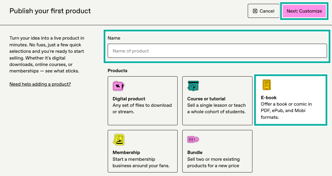 Gumroad: la section products avec le bouton "Next: Customize" - produit digital