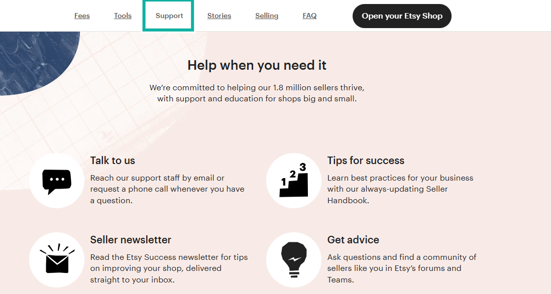 la fonctionnalité d'assistance sur le site etsy