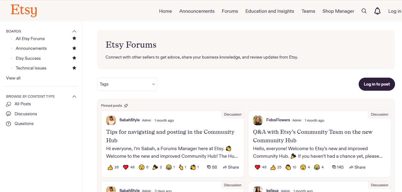 la page des forums etsy avec les publications d'utilisateurs