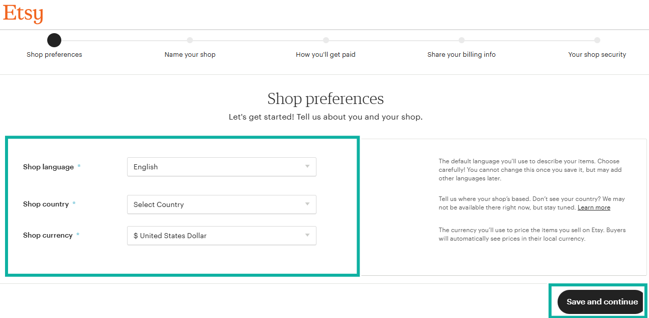 Etsy: capture de la section selling - paiement