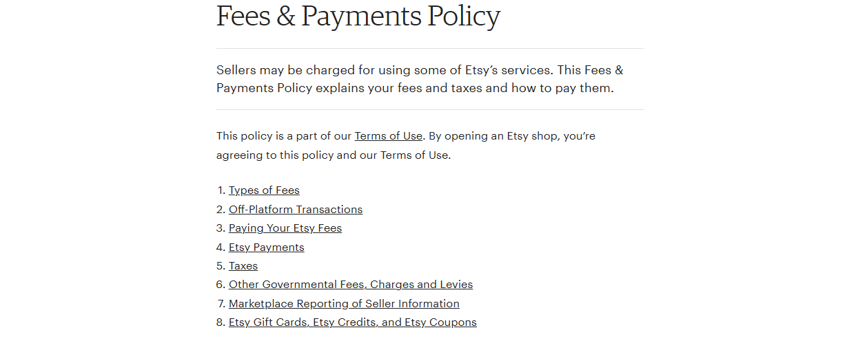 les frais et la politique de paiement d'etsy