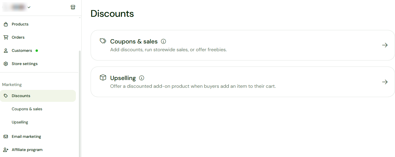 les options de remise et d'upsell dans sellfy