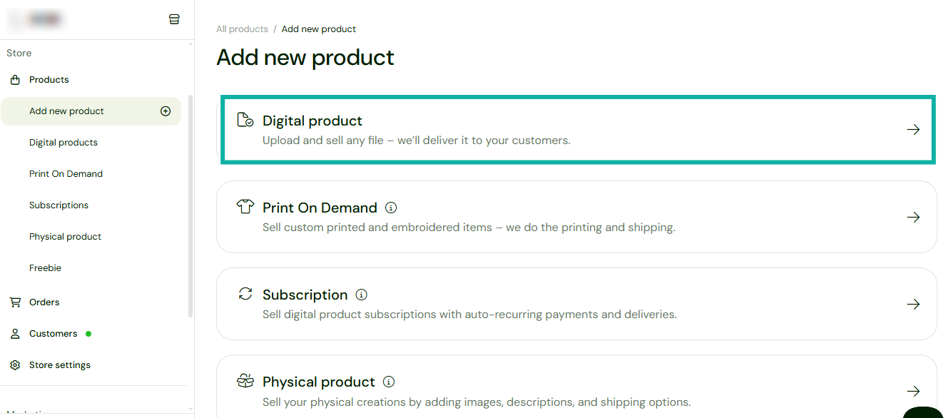 Sellfy: capture des produits - produit digital