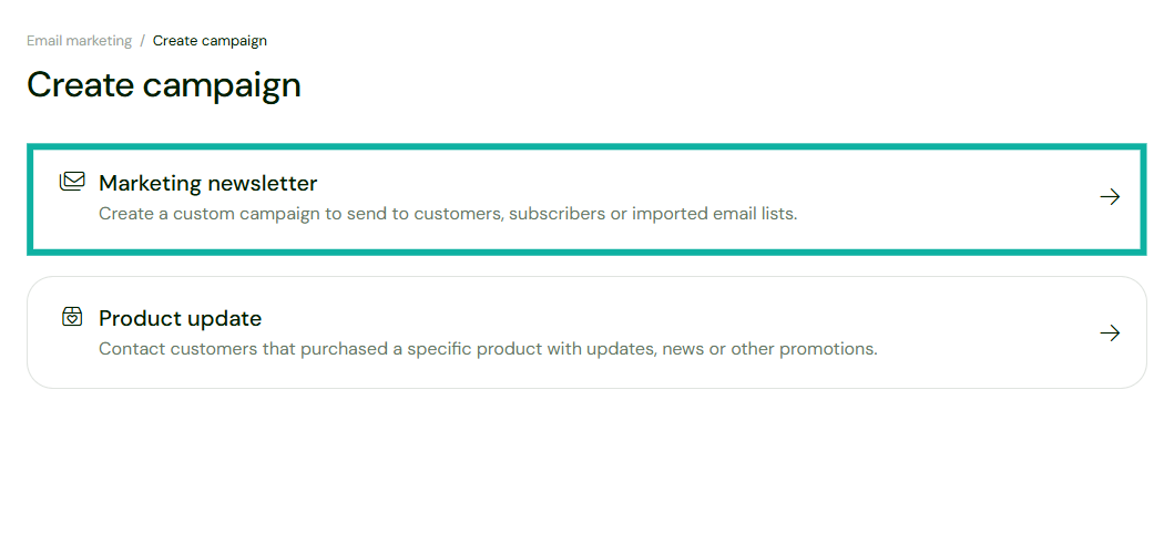 Sellfy: capture de la section marketing - éditeur d'email