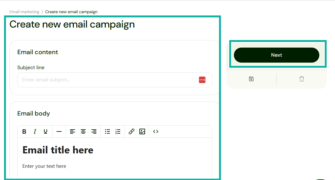 Sellfy: capture de la section marketing - éditeur d'email vue 2