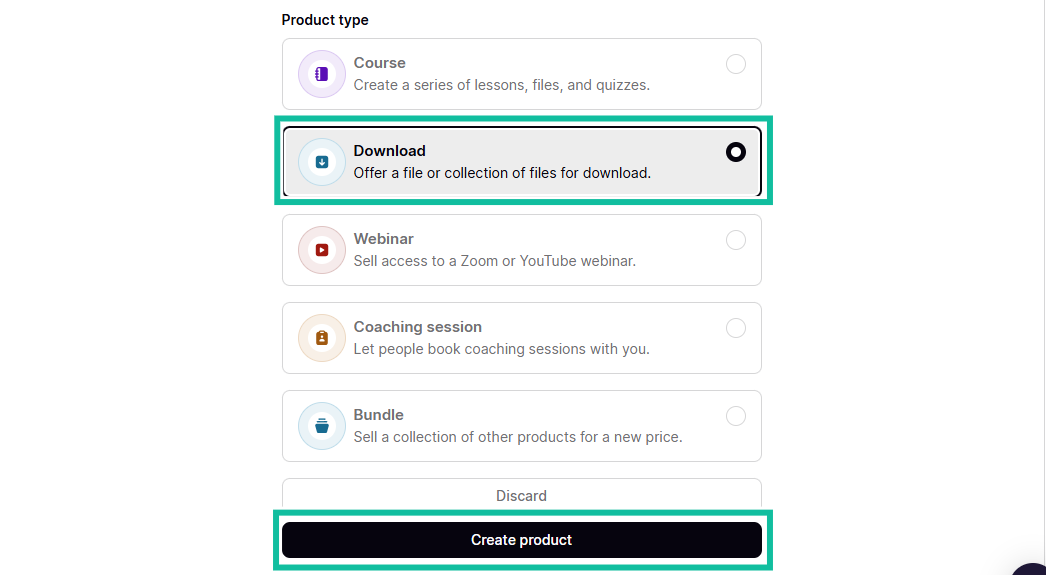 Podia: la section products avec le bouton "Create product" - réglages de disponibilité
