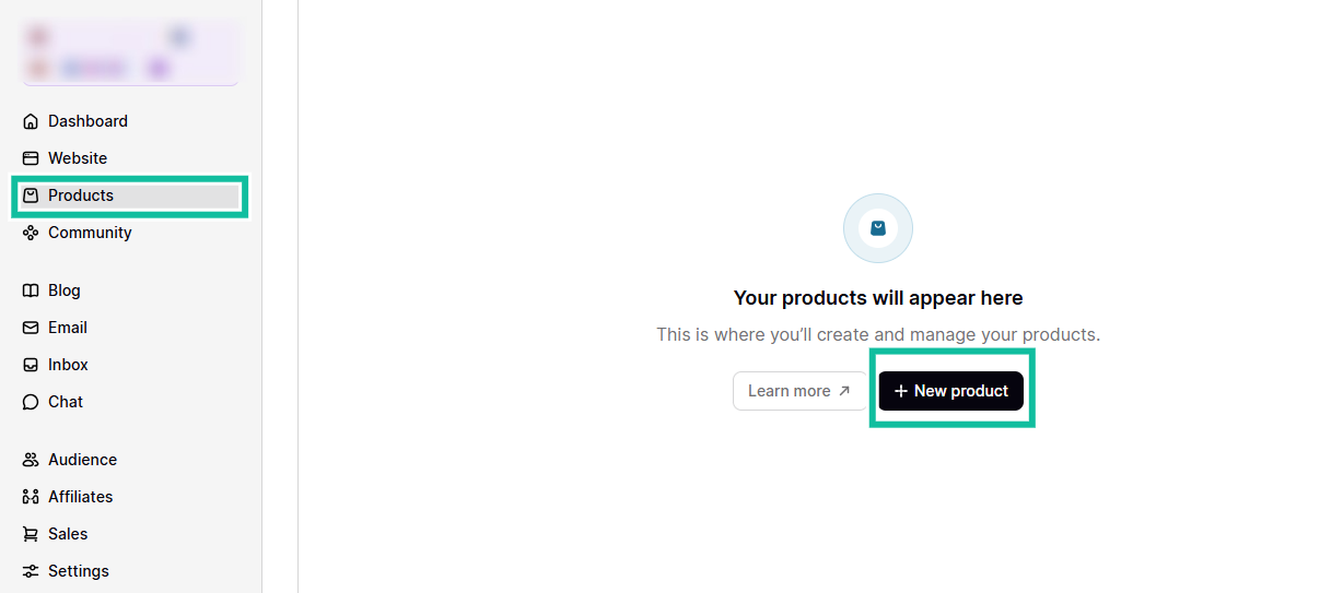 Podia: la section products avec le bouton "+New product" - import de média