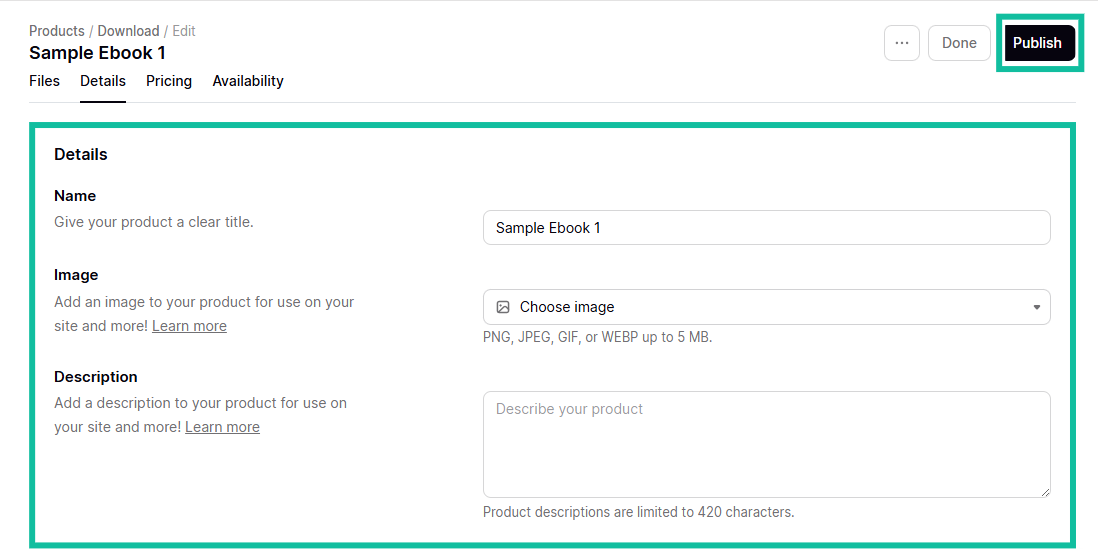renseigner les détails de l'ebook avant publication