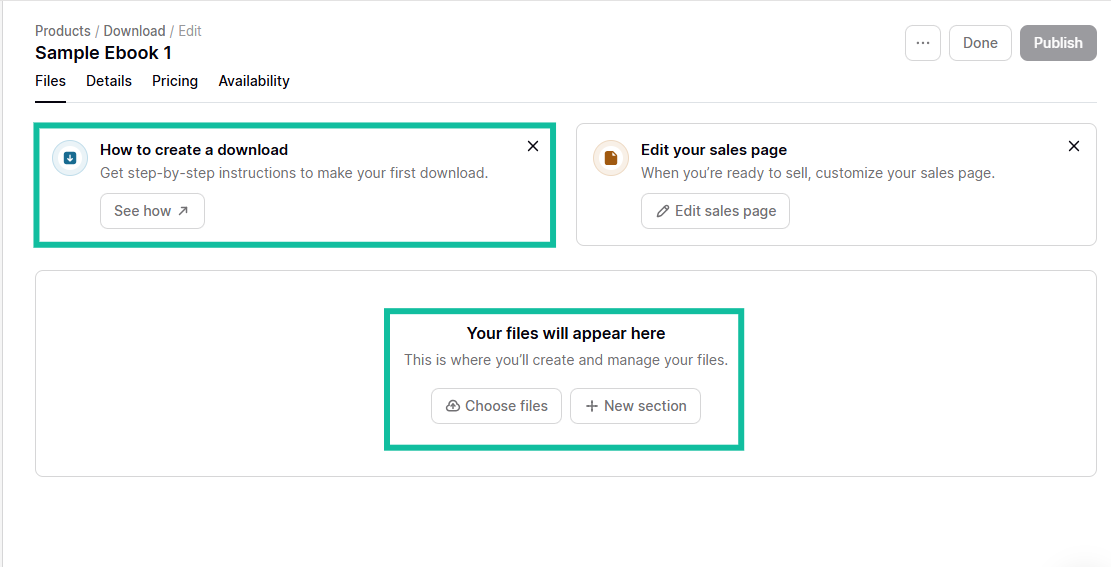 Podia: la section products avec le bouton "Choose files"