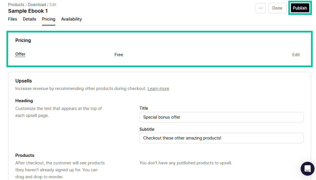 Podia: la section products avec le bouton "Publish" - réglages de disponibilité