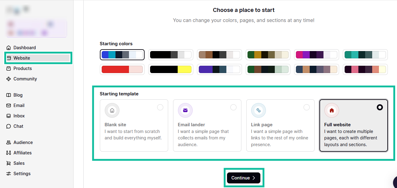 Podia: la section website avec l'option "Full website"