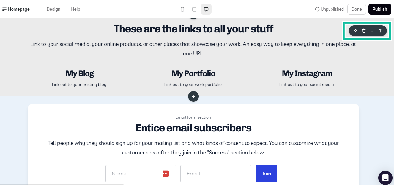 exemple de page d'accueil de site créée avec podia