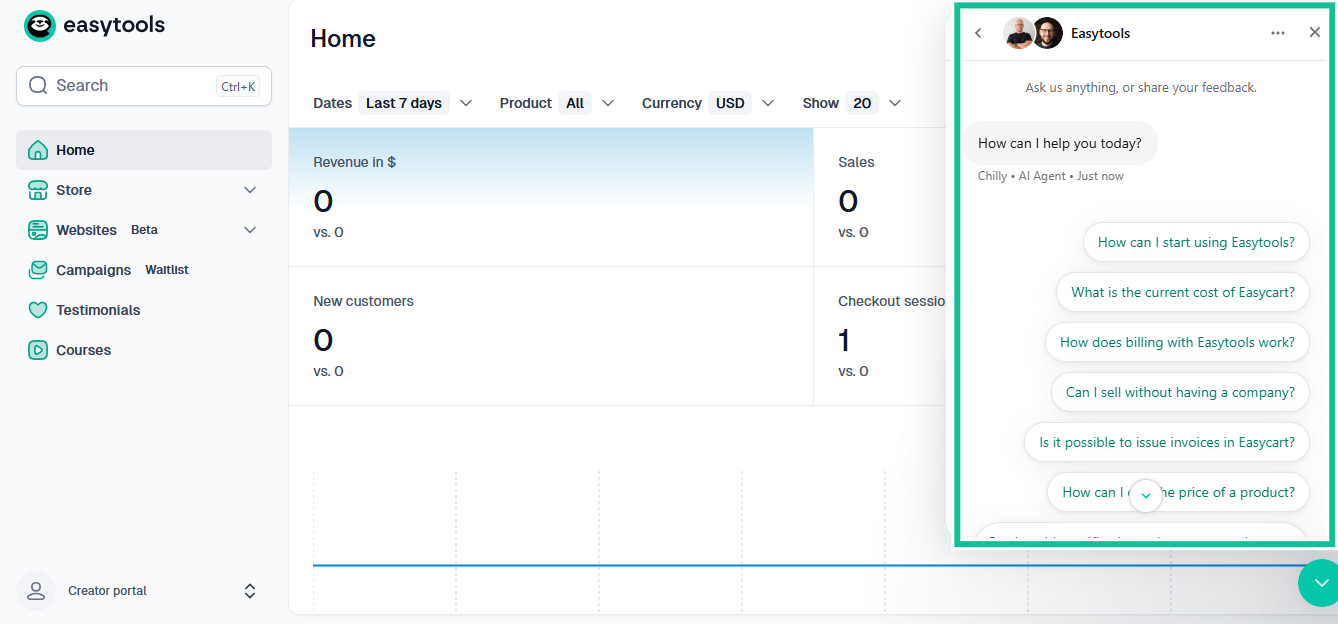 le chat de l'agent IA d'easytools pour le support client