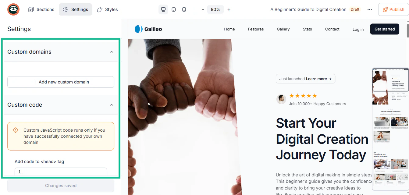 réglages du domaine personnalisé dans une plateforme pour vendre des ebooks