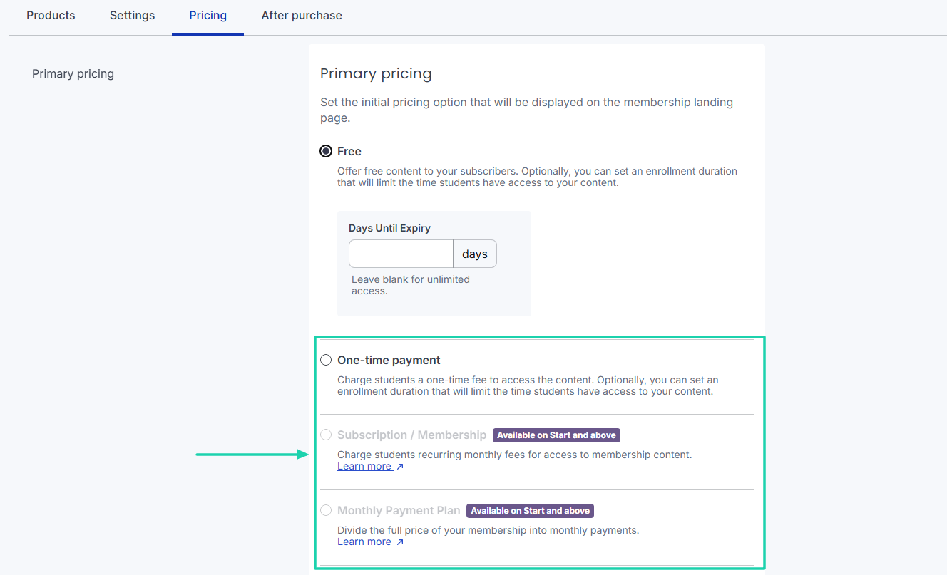 pricing setup on Thinkific