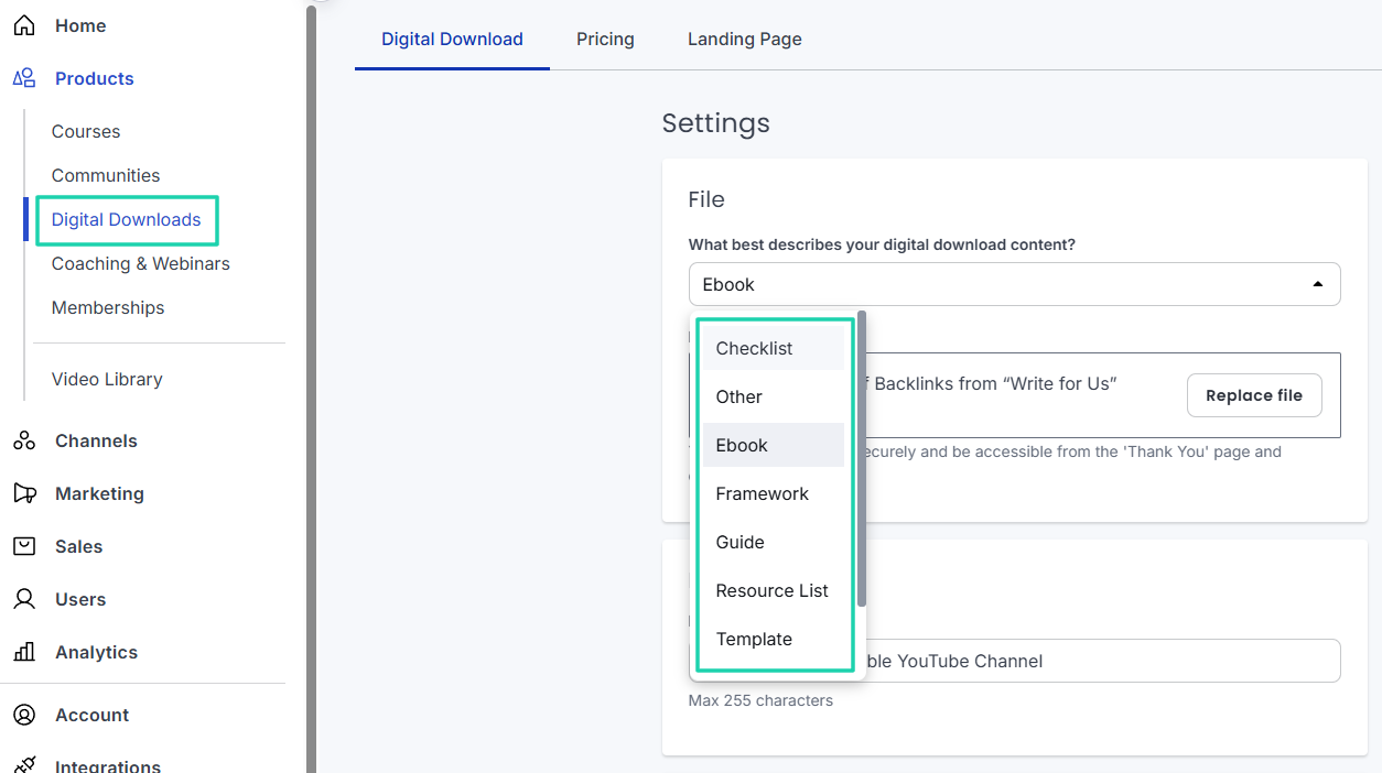 digital download edit window in Thinkific
