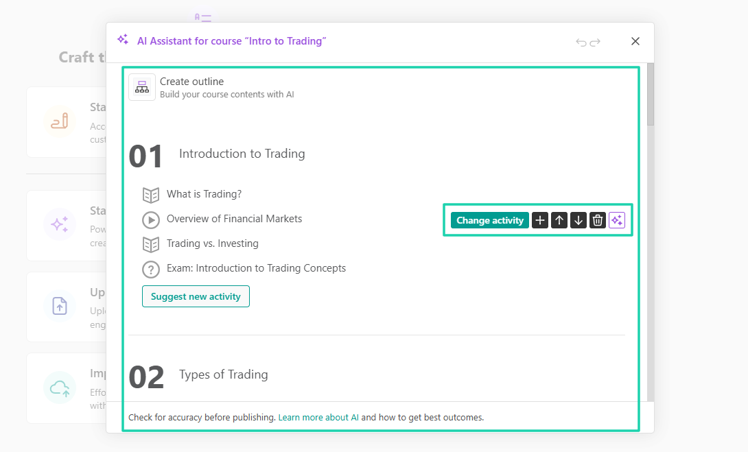 online course outline and edit options