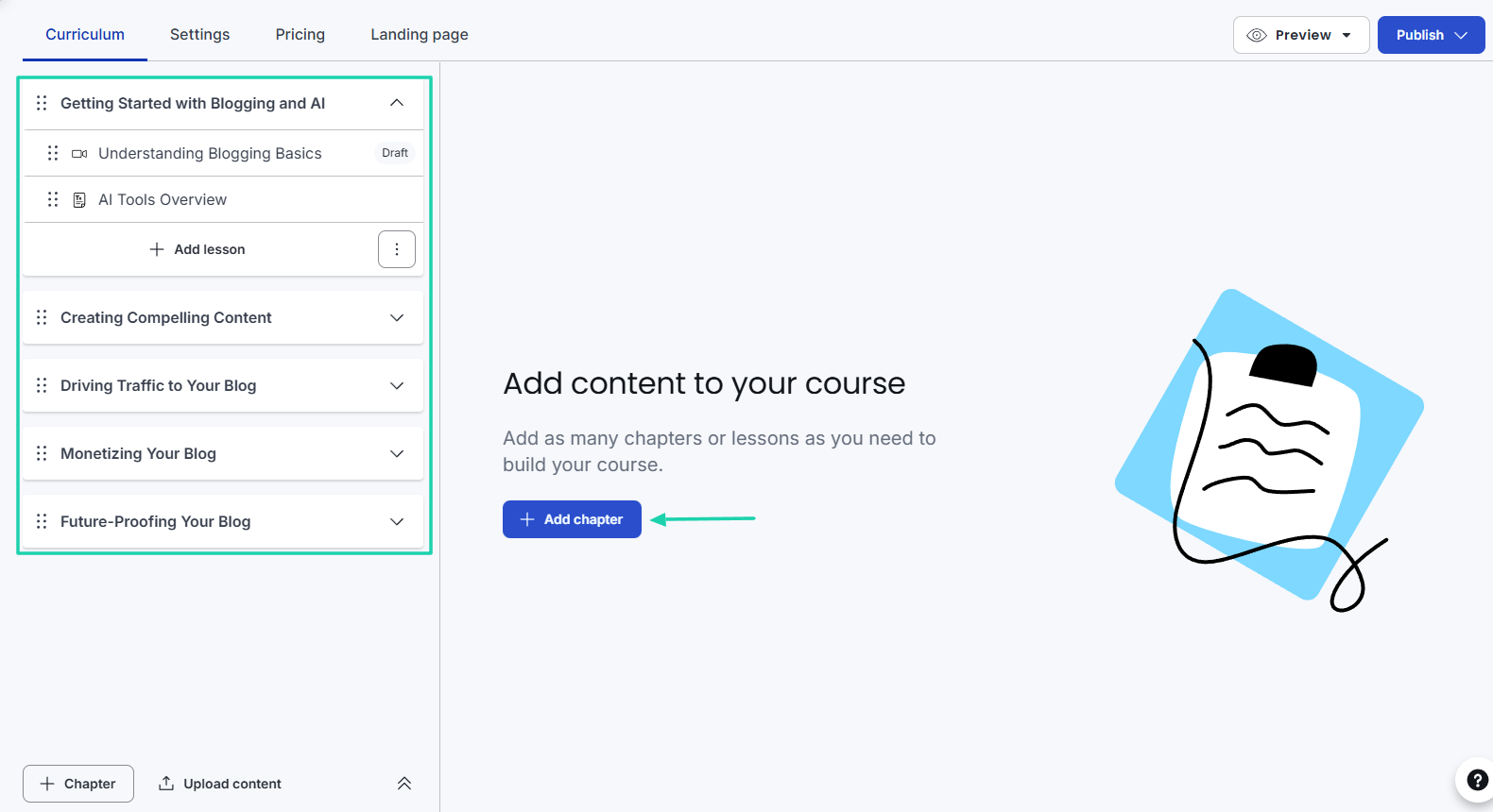 Online course creation and delivery: course builder screenshot — website builder
