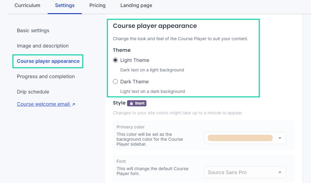online course settings window in Thinkific