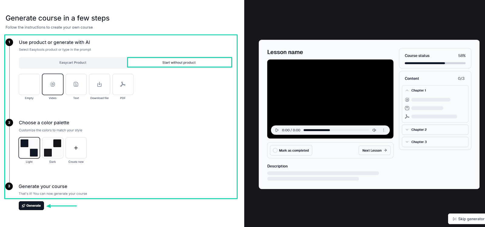 generate course in Easytools setup