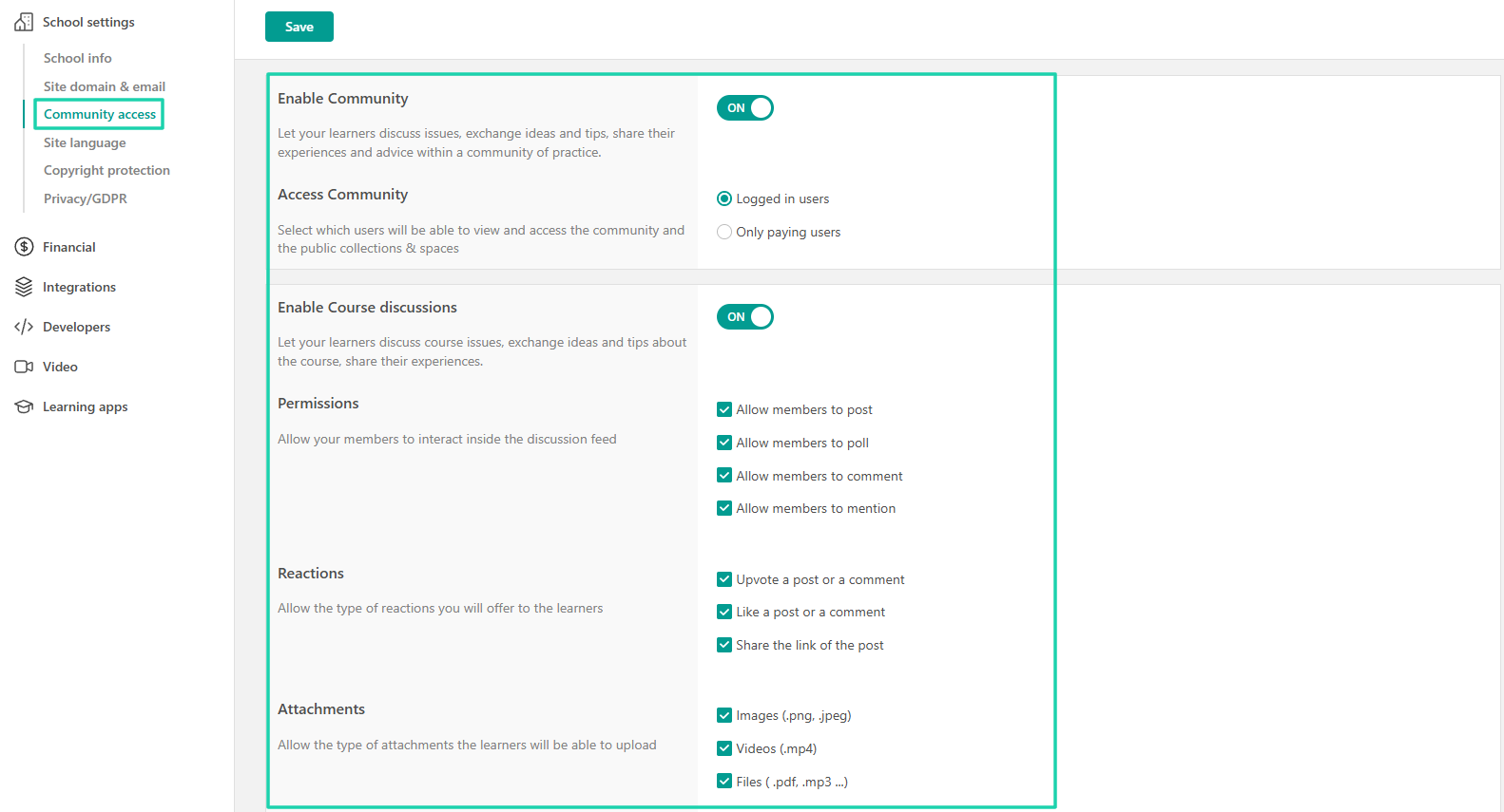 school settings on LearnWorlds