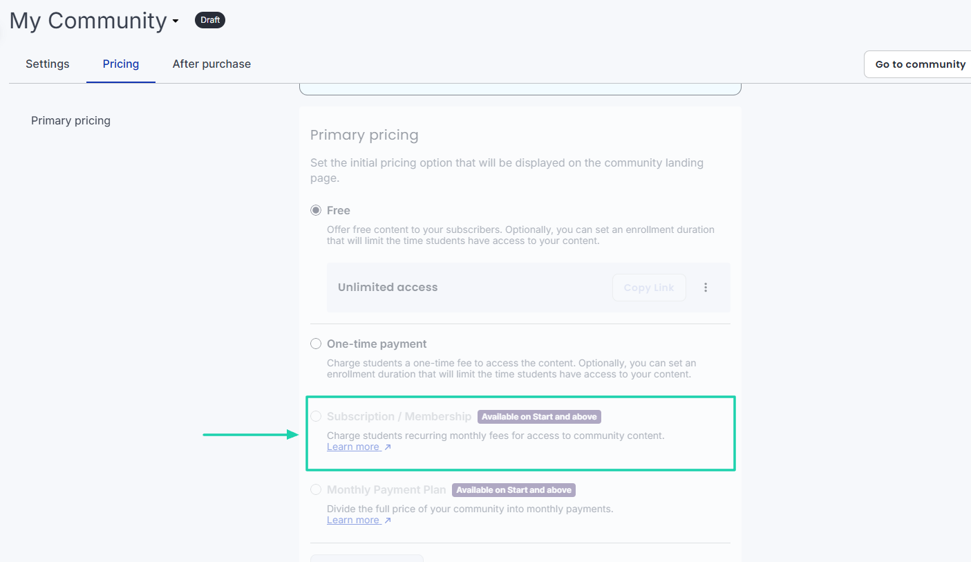Memberships and communities: checkout screenshot