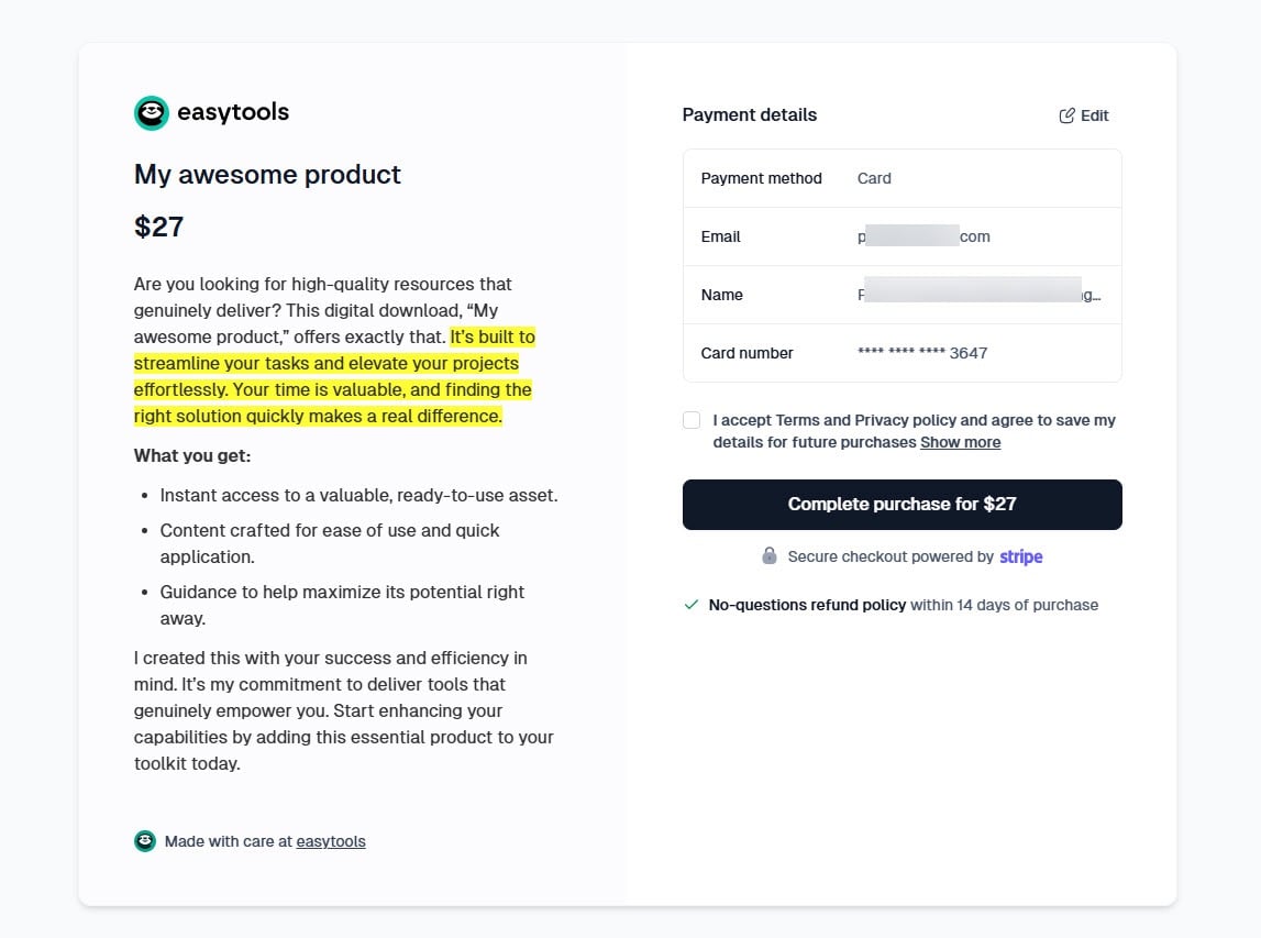 live sales page created with easytools