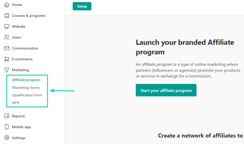 marketing features on LearnWorlds